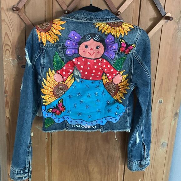 Fina Catrina custom hand painted sequin distressed jean jacket - Picture 5 of 13
